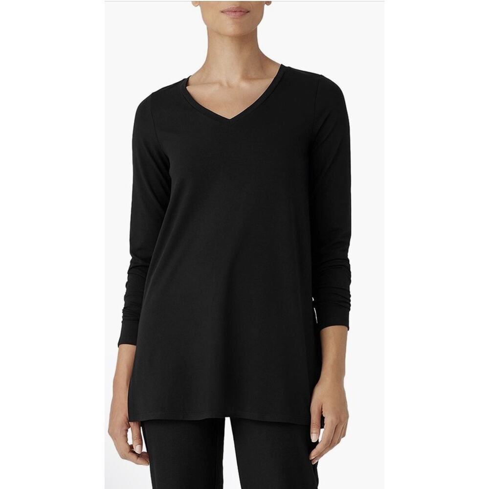 Eileen Fisher Black V Neck Long Sleeve Tunic Top Tencel Size XL NEW $148